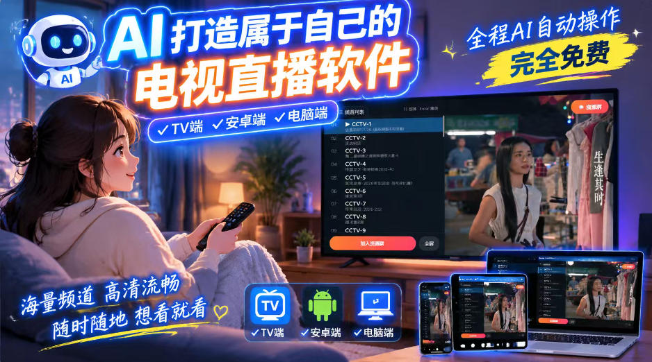 一个提示词，AI全自动做出电视直播软件，电脑、安卓、电视三端通用，完全免费，画质流畅不卡顿