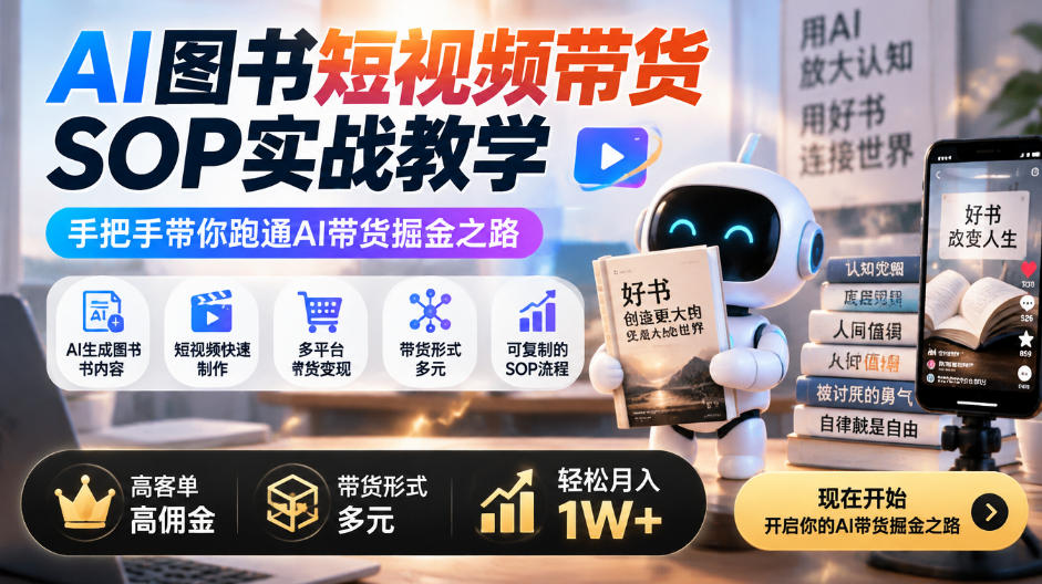 AI图书短视频带货SOP实战教学,手把手带你跑通AI带货掘金之路,高客单高佣金,带货形式多元,轻松月入1W+