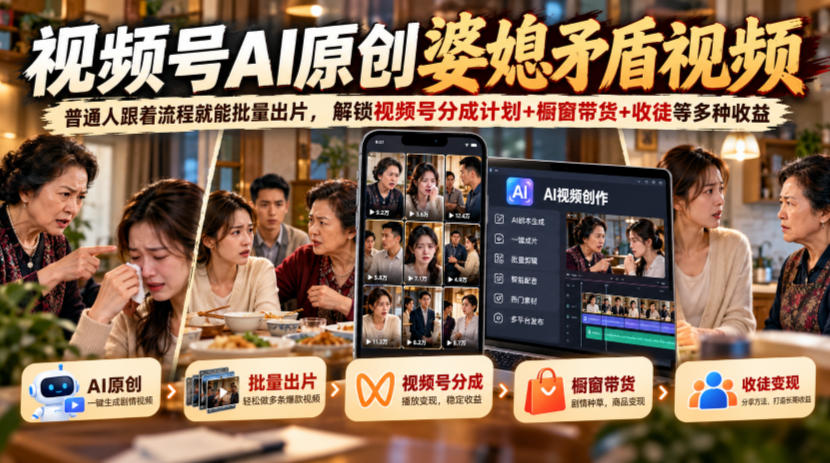 视频号ai原创婆媳矛盾视频,普通人跟着流程就能批量出片,解锁视频号分成计划+橱窗带货+收徒等多种收益
