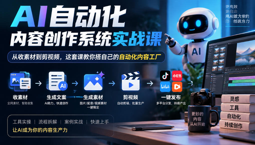 AI自动化内容创作系统实战课,从收素材到剪视频,这套课教你搭自己的自动化内容工厂
