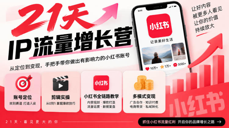 21天IP流量增长营,小红书全链路教学,账号定位剪辑实操,多模式变现系统课
