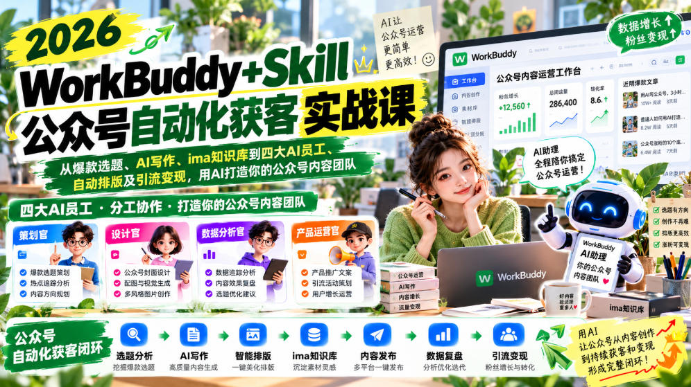 2026WorkBuddy+Skill公众号自动化获客实战课,从爆款选题、AI写作、ima知识库到四大AI员工、自动排版及引流变现,用AI打造你的公众号内容团队