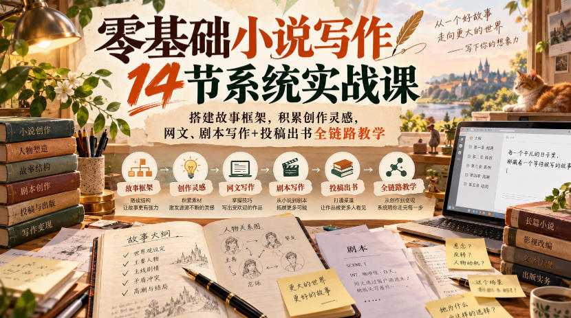 零基础小说写作14节系统实战课，搭建故事框架，积累创作灵感，网文、剧本写作+投稿出书全链路教学