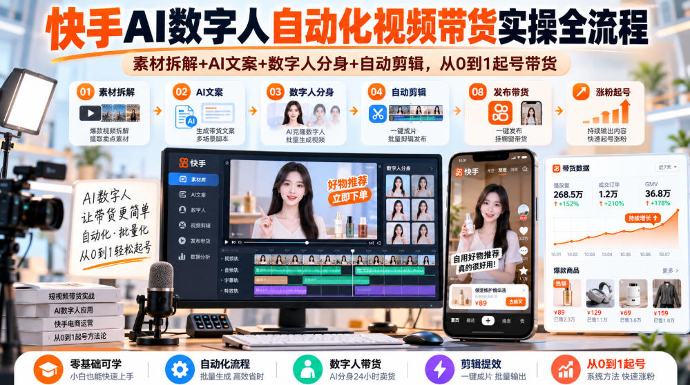 快手AI数字人自动化视频带货实操全流程|素材拆解+AI文案+数字人分身+自动剪辑,从0到1起号带货(更新26年)